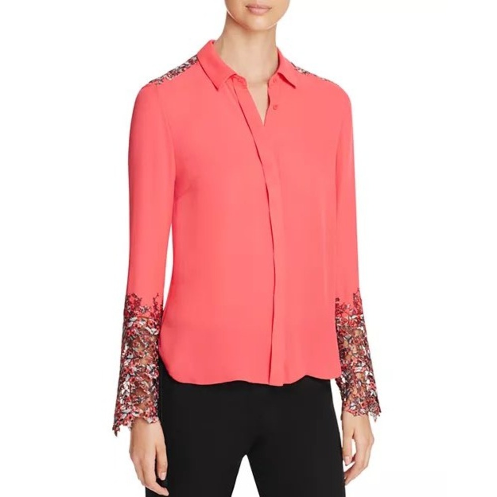 Elie Tahari Ramona Pink Silk Lace Trim Long Sleeve Blouse Size M